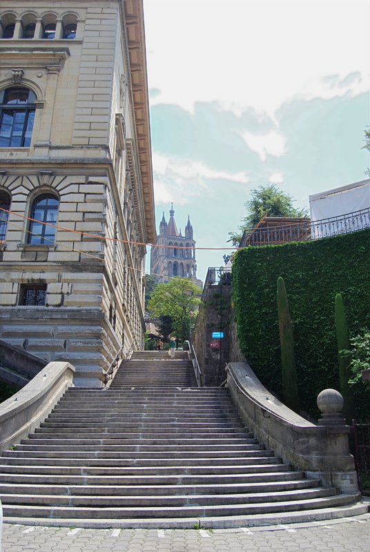 26 - The stone staircase next to the Palais de Rumine leading toward the Lausanne Cathedral in Lausanne, Switzerland
